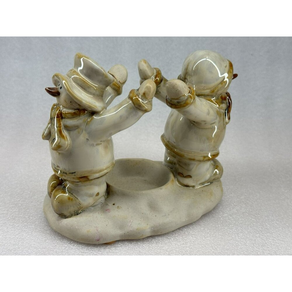 Ceramic Snowmen Circle Friends Candle Holder Figurine Holiday Winter Decor
